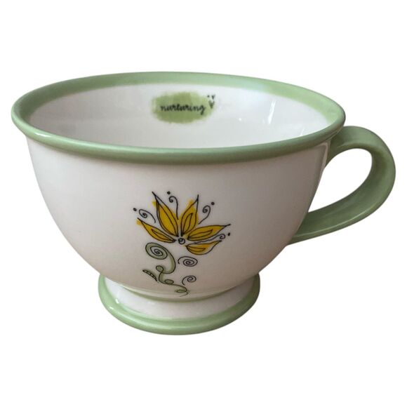 Starbucks 2006 “Nurturing” Mug Green Rim Yellow Flower 10 oz Inspirational - Picture 2 of 5